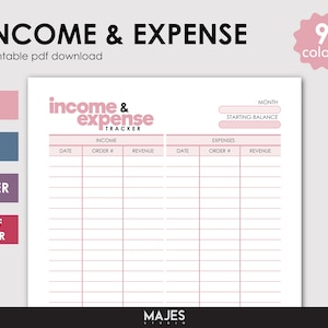 May include: Printable income and expense tracker with a pink and white design. The tracker has columns for date, order number, and revenue. It also has a section for starting balance and month.