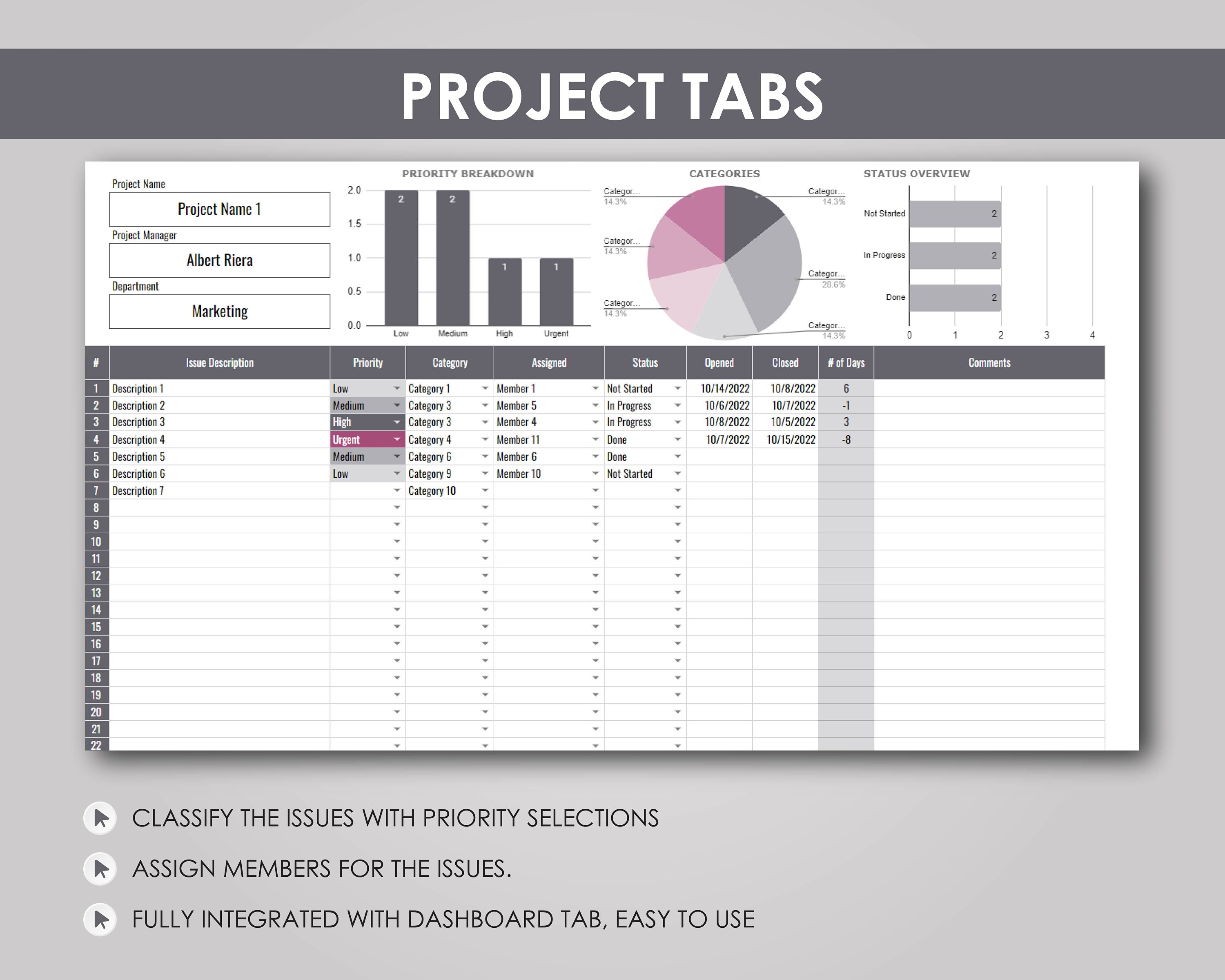 Project Management Google Sheets Spreadsheet Template - Etsy