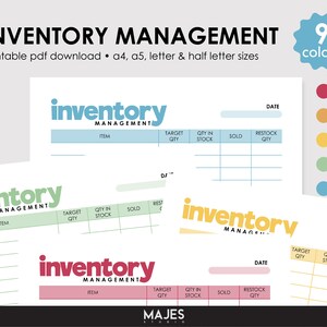 Pode incluir: Modelos imprim&iacute;veis de gest&atilde;o de invent&aacute;rio em v&aacute;rias cores. O design inclui o texto "Inventory Management" e campos para item, quantidade alvo, quantidade em estoque, vendido e quantidade de reabastecimento. Dispon&iacute;vel nos tamanhos A4, A5, carta e meia carta.