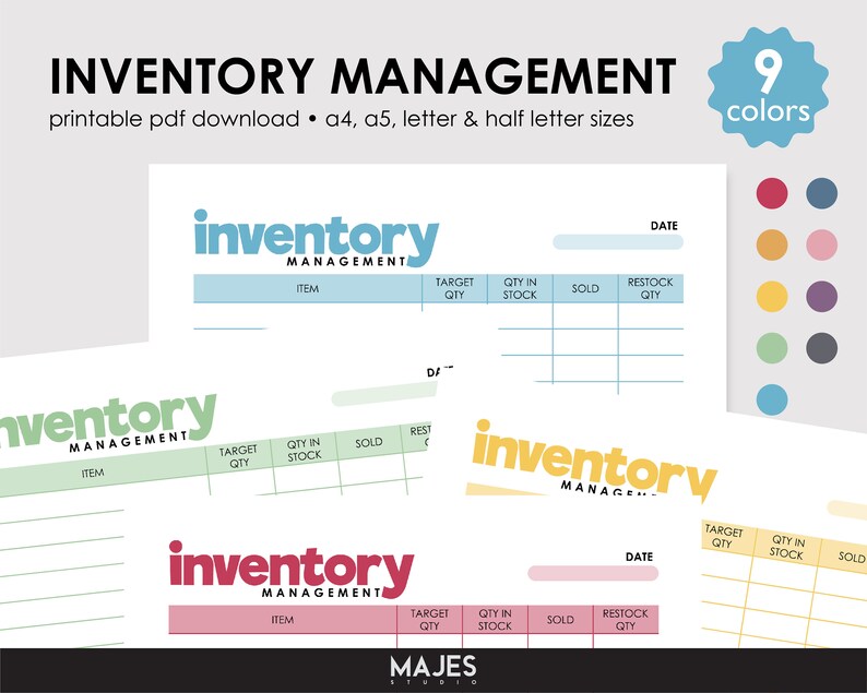 Pode incluir: Modelos imprim&iacute;veis de gest&atilde;o de invent&aacute;rio em v&aacute;rias cores. O design inclui o texto "Inventory Management" e campos para item, quantidade alvo, quantidade em estoque, vendido e quantidade de reabastecimento. Dispon&iacute;vel nos tamanhos A4, A5, carta e meia carta.