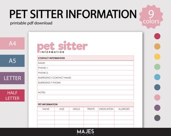 Pet Sitter Information Sheet, Pet Care Instructions (A4 Printable)