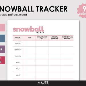 Puede incluir: Un rastreador de bola de nieve imprimible con un esquema de color rosa y blanco. El rastreador incluye columnas para el mes, la deuda, el monto total adeudado, el pago mínimo y el pago de la bola de nieve de la deuda. El rastreador está disponible en 9 colores.