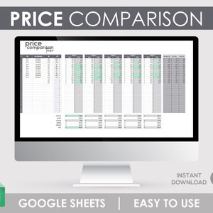 May include: A computer screen displaying a Google Sheets spreadsheet titled "price comparison" with columns for product name, size, quantity, price, and total. The spreadsheet is designed to help users compare prices of different products.