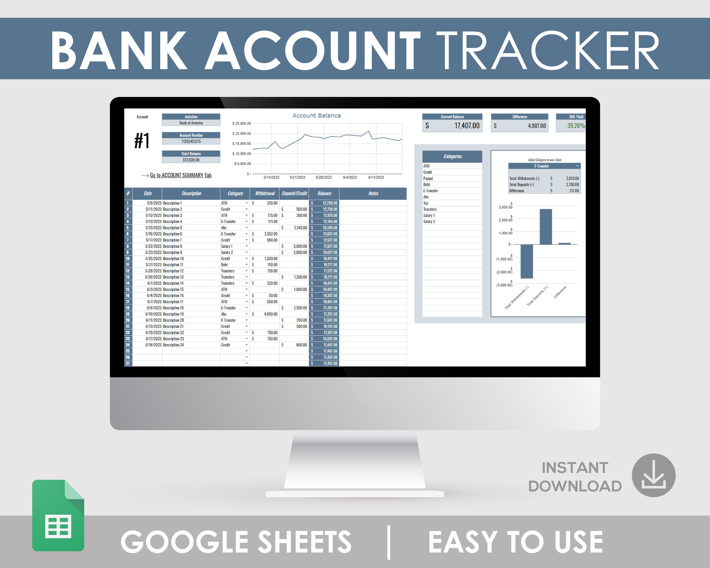 Bank Account Tracker: Google Sheet Finance Organizer | Expense Monitoring & Income Logger | Digital Banking Tool
