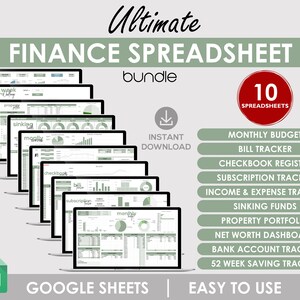 Peut inclure: Une illustration numérique d'un écran d'ordinateur portable affichant 10 feuilles de calcul Google Sheets différentes pour la gestion des finances personnelles. Les feuilles de calcul sont intitulées "Budget mensuel", "Suivi des factures", "Registre de chèque", "Suivi des abonnements", "Suivi des revenus et des dépenses", "Fonds de prévoyance", "Portefeuille immobilier", "Tableau de bord de la valeur nette", "Suivi du compte bancaire" et "Suivi de l'épargne sur 52 semaines". L'image comprend également le texte "Ultimate Finance Spreadsheet Bundle" et "10 Spreadsheets".