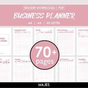 Könnte beinhalten: Ein rosa-weißer druckbarer Businessplaner mit dem Text "BUSINESS PLANNER" und "70+ Seiten". Der Planer enthält Seiten für Termine, Arbeit, Anwesenheit, Kundenaufnahme, Materialien, Lieferungen, Termine und Lieferanten.