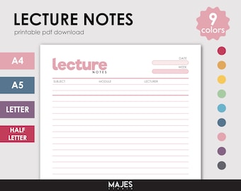 Lecture Notes Printable, Colorful Study Planner (A4, A5, Letter) (Digital Download)