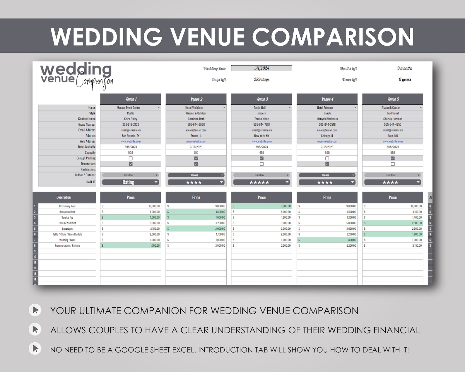 Wedding Venue Google Sheet Template Bridal Planner Etsy