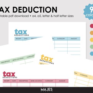 May include: Printable tax deduction tracker with a light blue, yellow, and green colour scheme. The tracker has columns for receipt, date, description, send location, category, and amount. The text "tax deductions" is in a light blue box.