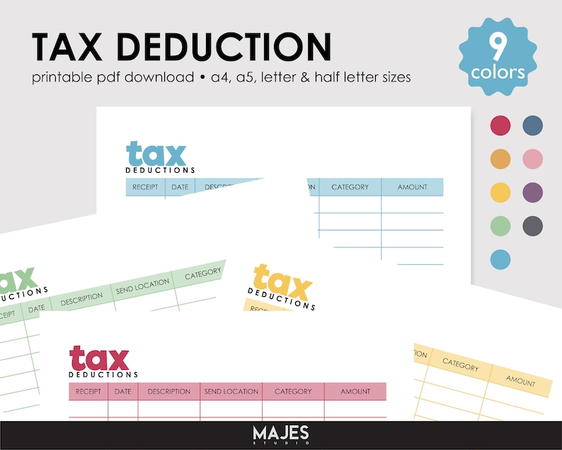 May include: Printable tax deduction tracker with a light blue, yellow, and green colour scheme. The tracker has columns for receipt, date, description, send location, category, and amount. The text "tax deductions" is in a light blue box.