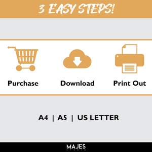 May include: An infographic in light brown and white, showing a shopping cart, a cloud with a downward arrow, and a printer, with the words "Purchase", "Download", and "Print Out". The text "A4 | A5 | US LETTER" is also included.