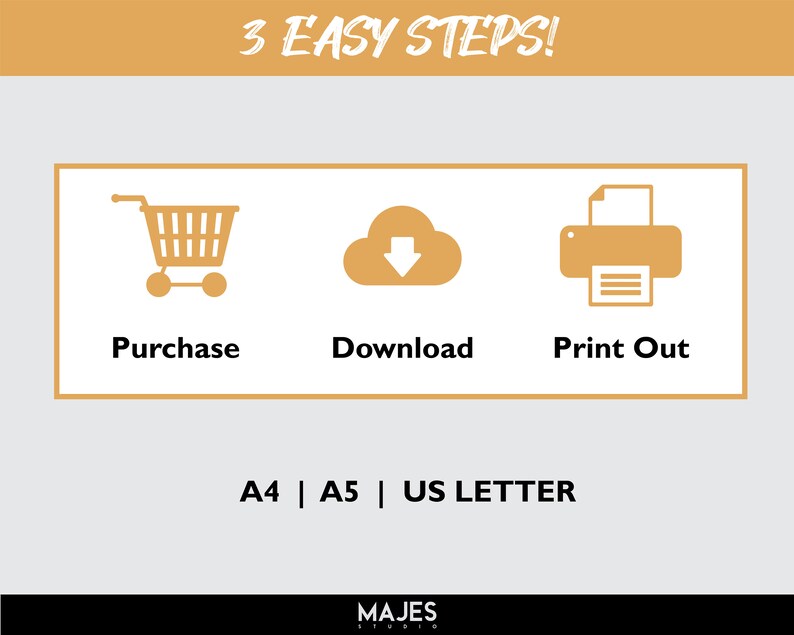 May include: An infographic in light brown and white, showing a shopping cart, a cloud with a downward arrow, and a printer, with the words "Purchase", "Download", and "Print Out". The text "A4 | A5 | US LETTER" is also included.