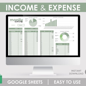 Może przedstawiać: Ekran komputera wyświetlający szablon arkusza kalkulacyjnego Google Sheets do śledzenia dochodów i wydatków. Arkusz kalkulacyjny zawiera wykresy i diagramy do wizualizacji danych. Tytuł arkusza kalkulacyjnego to "Dochody i wydatki", a miesiąc to styczeń. Szablon jest oznaczony jako "Łatwy w użyciu" i "Natychmiastowe pobranie".