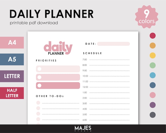 Daily Planner Printable, Work Productivity Schedule (PDF)