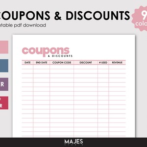 Könnte beinhalten: Ein druckbarer Coupon- und Rabatt-Tracker mit Spalten für Datum, Enddatum, Coupon-Code, Rabatt, Anzahl der Verwendungen und Umsatz. Der Tracker ist in einem rosa und weißen Rasterformat mit dem Titel "coupons & discounts" in rosa Schrift.
