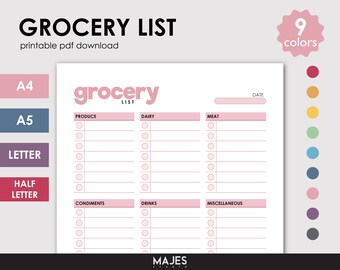 Afdrukbare sjabloon voor boodschappenlijst, kleurrijke winkelplanner (digitale download)