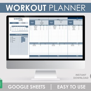 Pode incluir: Um modelo de planejador de treino Google Sheets azul e branco na tela de um computador. O modelo inclui um calendário, categorias de treino e registos de treino diários. O texto "weekly workout planner" está no topo da tela.