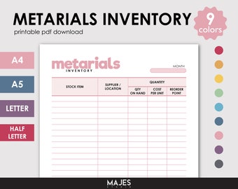 Könnte beinhalten: Ein druckbarer Materialinventar-Tracker mit Spalten für Lagerartikel, Lieferant, verfügbare Menge, Kosten pro Einheit und Nachbestellpunkt. Das Blatt ist mit "metarials inventory" in rosa Schrift beschriftet.