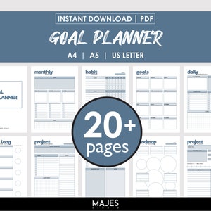 May include: A digital goal planner with a blue and white design. The planner includes sections for monthly, habit, and daily planning, as well as project and goal tracking. The text reads "GOAL PLANNER" and "20+ pages."