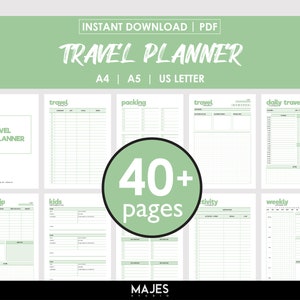 May include: A green and white printable travel planner with the text "TRAVEL PLANNER" and "40+ pages". The planner includes sections for travel, packing, daily travel, road trip, kids, activity, and weekly.