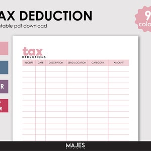 May include: Printable tax deduction tracker with columns for receipt, date, description, send location, category, and amount. The tracker is designed in a minimalist style with a pink and white colour scheme.