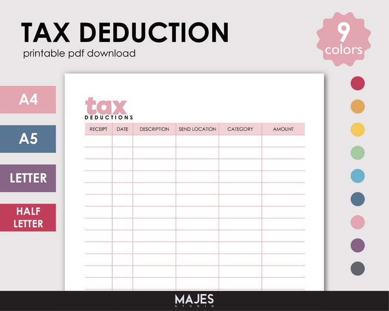 May include: Printable tax deduction tracker with columns for receipt, date, description, send location, category, and amount. The tracker is designed in a minimalist style with a pink and white colour scheme.