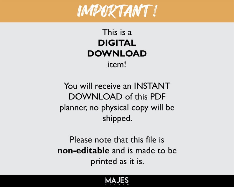 May include: A digital download item with the text "IMPORTANT!" at the top. The text highlights that it is a digital download, not a physical item. The file is non-editable and designed for printing.