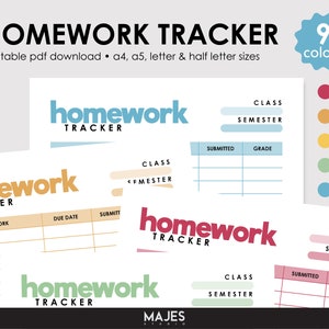 May include: A digital download featuring homework trackers in various colors and designs. The image includes the text "HOMEWORK TRACKER" and options for "CLASS," "SEMESTER," "SUBMITTED," and "GRADE." The design offers nine color options and multiple sizes.