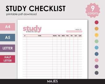 May include: A printable PDF study checklist with a pink and white design. The title "STUDY CHECKLIST" is at the top, with the text "printable pdf download" below it. The checklist includes sections for tasks and days of the week. The image also shows color options.