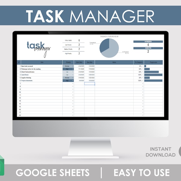 Task Manager, Time Management, Task List, To Do Manager, Excel Templates, Google Sheets, Project Management, Spreadsheet Blue, Employee