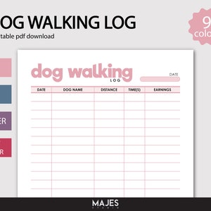 Könnte beinhalten: Ein druckbarer Hunde-Gassigang-Logbuch in Rosa und Weiß mit Spalten für Datum, Hundenamen, Entfernung, Zeit und Verdienst. Der Titel lautet "dog walking log" in rosa.