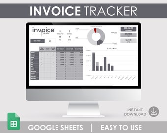 May include: A computer monitor displaying an invoice tracker spreadsheet. The screen shows data tables, charts, and the text "INVOICE TRACKER." The bottom of the screen displays "GOOGLE SHEETS | EASY TO USE" and an instant download icon.