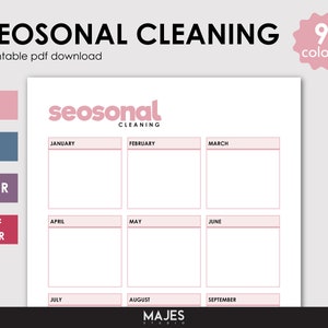 May include: Printable seasonal cleaning checklist with a pink and white colour scheme. The checklist is divided into months, from January to September. The text "seosonal cleaning" is in pink letters.