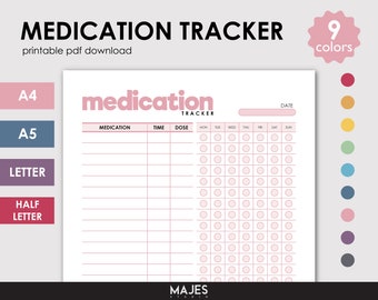 Printable Medication Tracker, Pill Schedule Log (A4, A5, Letter Size) (Digital Download)