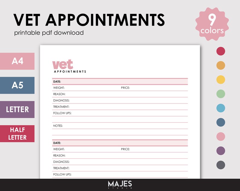 Vet Appointment Log Pet Medical History Vet Visit Cost Vet Etsy