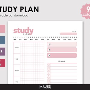 May include: A printable study plan template with a pink and white color scheme. The template includes a calendar, a to-do list, and a section for daily tasks. The text "study plan" is in a pink box at the top of the page.