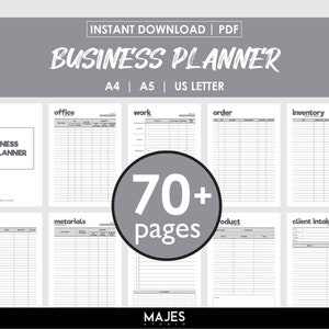 May include: A black and white printable business planner with 70+ pages. The planner includes sections for office, work, order, inventory, return, materials, product, and client intake. The planner is available in A4, A5, and US Letter sizes.