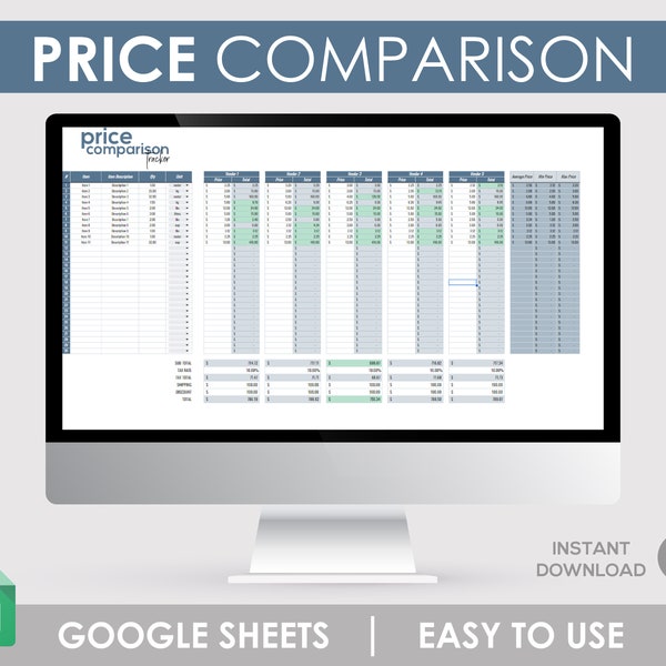 Price Comparison, Vendor Comparison, Google Sheets, Spreadsheet Template, Spreadsheet Tracker, Google Template, Google Sheet Tracker, Google