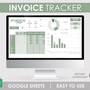 Może przedstawiać: Ekran komputera wyświetlający arkusz kalkulacyjny Google Sheets w zielono-białym schemacie kolorów. Arkusz kalkulacyjny nosi tytuł "Invoice Tracker" i zawiera wykres kołowy, wykres słupkowy i tabelę. Arkusz kalkulacyjny został zaprojektowany do śledzenia faktur, w tym łącznej kwoty, kwoty zapłaconej i kwoty zdeponowanej. Tekst "Natychmiastowe pobieranie" i "Google Sheets | Łatwy w użyciu" jest wyświetlany pod ekranem.