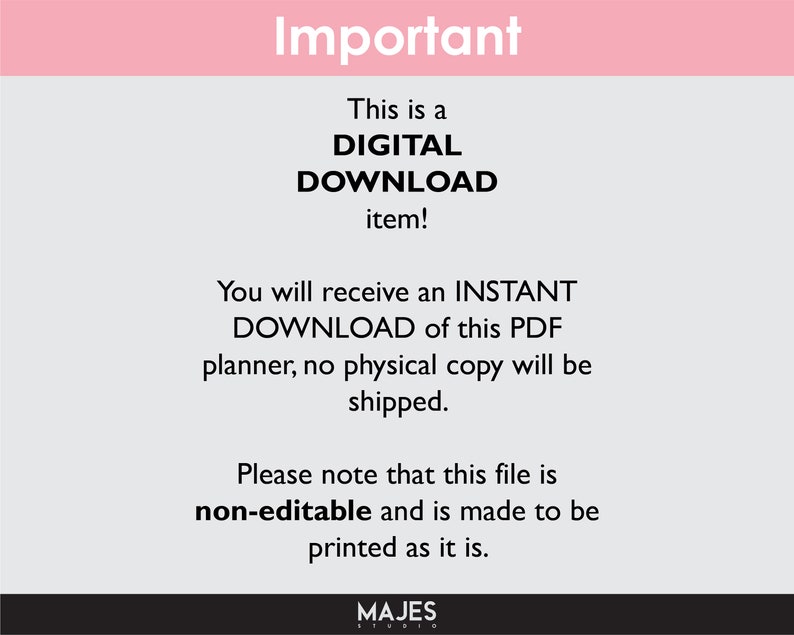 May include: A digital download item with the word "Important" in pink at the top. The text emphasizes that it is a digital download of a PDF planner, not a physical copy. The file is non-editable and designed for printing.