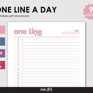 May include: Printable planner page with the title "One Line A Day" and a pink box with the text "one line A DAY". The page has a blank space for the date and 18 lines for writing.