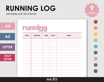 Registro de carrera imprimible, rastreador de maratón, 9 colores (descarga digital)