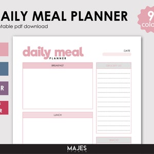 May include: Printable daily meal planner template with sections for breakfast, lunch, snacks, and a grocery list. The planner has a pink and white color scheme with the text "daily meal planner" in a pink font.