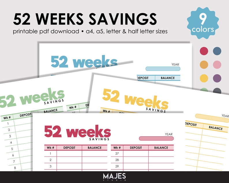52 Week Savings Challenge Printable, Colorful Tracker (digital Download ...