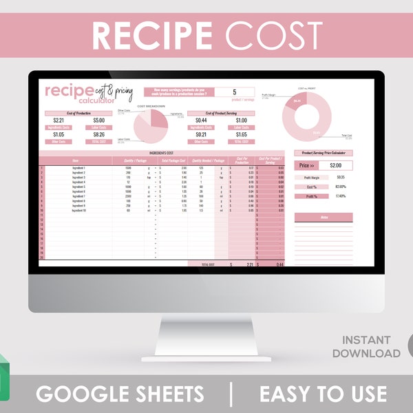 Recipe Calculator, Price Calculator, Profit Calculator, Recipe Cost, Recipe Spreadsheet, Recipe Price, Bakery Template, Bakery Calculator