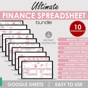 Puede incluir: Un paquete de productos digitales de 10 hojas de cálculo de Google Sheets para la gestión financiera personal. El paquete incluye hojas de cálculo para el presupuesto mensual, el seguimiento de facturas, el registro de cheques, el seguimiento de suscripciones, el seguimiento de ingresos y gastos, los fondos de ahorro, la cartera de propiedades, el panel de control del patrimonio neto, el seguimiento de cuentas bancarias y el seguimiento de ahorros de 52 semanas. Las hojas de cálculo están diseñadas con un esquema de color rosa y blanco.