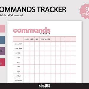 Puede incluir: Seguimiento de comandos de entrenamiento para perros imprimible con un esquema de color rosa y blanco. El seguimiento incluye una lista de comandos: ven, junto, siéntate, quédate, abajo. Los meses del año se enumeran en el lado izquierdo del seguimiento. El seguimiento está diseñado para usarse para rastrear el progreso de un perro en el aprendizaje de comandos.