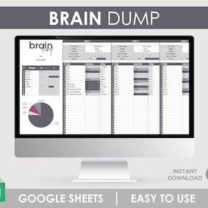 Könnte beinhalten: Ein Computerbildschirm zeigt eine Google Sheets-Tabelle mit dem Titel "Brain Dump". Die Tabelle ist in drei Abschnitte unterteilt: "Kategorien", "Projekt 1" und "Projekt 2". Jeder Abschnitt enthält eine Tabelle mit Spalten für "Kategorie", "Schritte", "Wichtigkeit" und "Status". Die Tabelle enthält auch ein Kreisdiagramm, das den Prozentsatz jeder Kategorie zeigt.