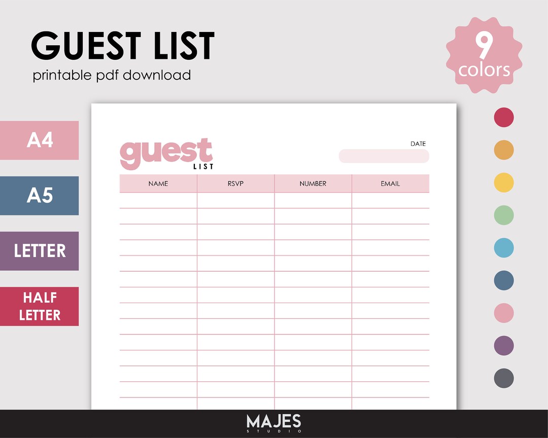 Guets List Example Guest List Tracker, Guest Tracker, RSVP Guest List, Instant Download ...