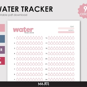 Op de afbeelding: Printbare watertracker met 9 roze waterdruppels per dag voor 24 dagen. De tracker heeft ruimte voor het jaar en de maand. De tekst "water tracker" staat in roze letters.